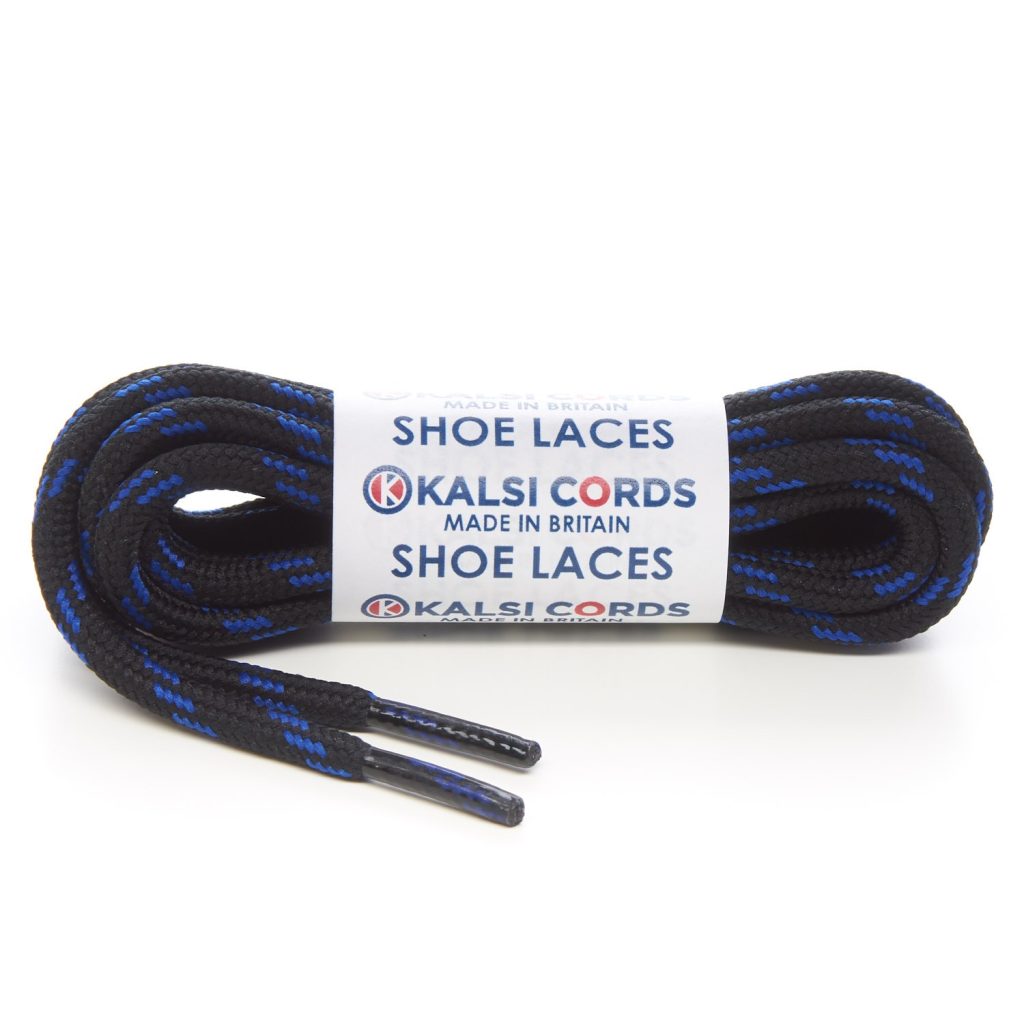 T621 5mm Round Cord 4 Fleck Shoe Laces Black with Royal Blue 1 Kalsi Cords