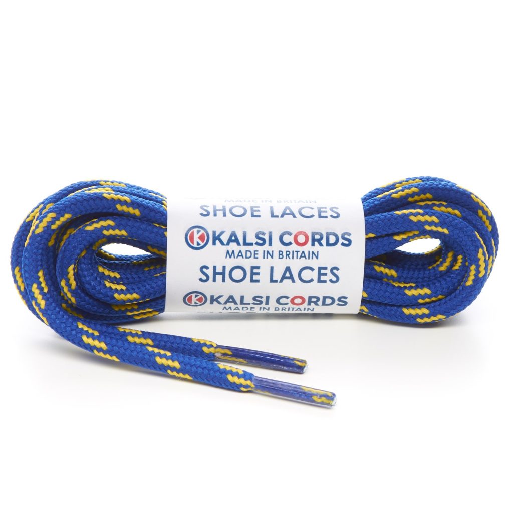 T621 5mm Round Cord 4 Fleck Shoe Laces Royal Blue with Yellow 1 Kalsi Cords