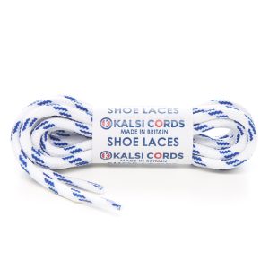 T621 5mm Round Cord 4 Fleck Shoe Laces White with Royal Blue 1 Kalsi Cords