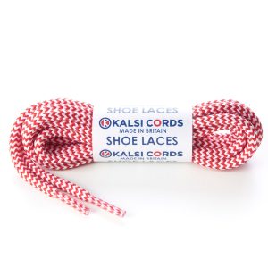T621 5mm Round Cord Herringbone Shoe Laces Rose Madder Red White 1 Kalsi Cords