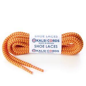 T621 5mm Round Cord Herringbone Shoe Laces Rose Madder Red Yellow 1 Kalsi Cords