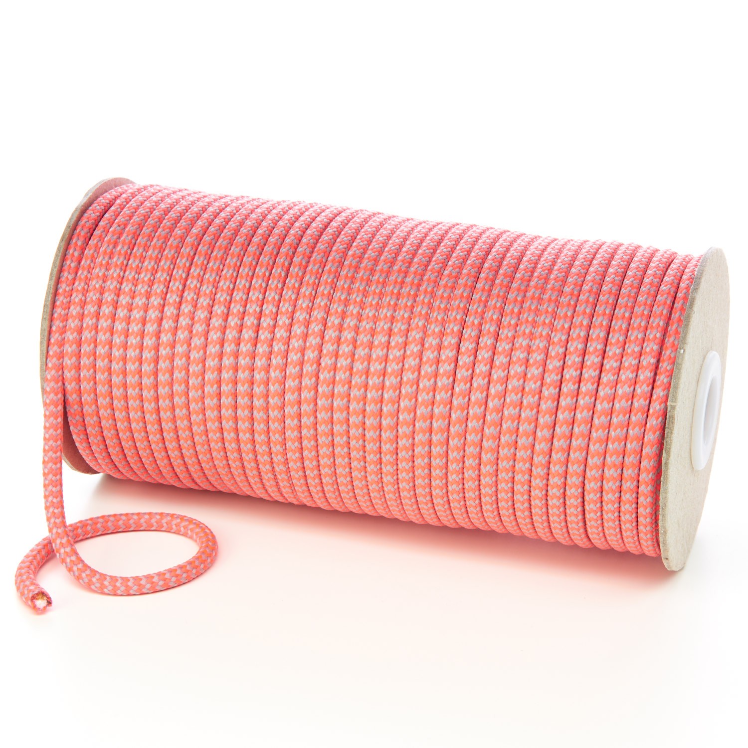 T621 5mm Round Cord Herringbone Draw String on Roll Light Grey Fluorescent Pink 5 Kalsi Cords