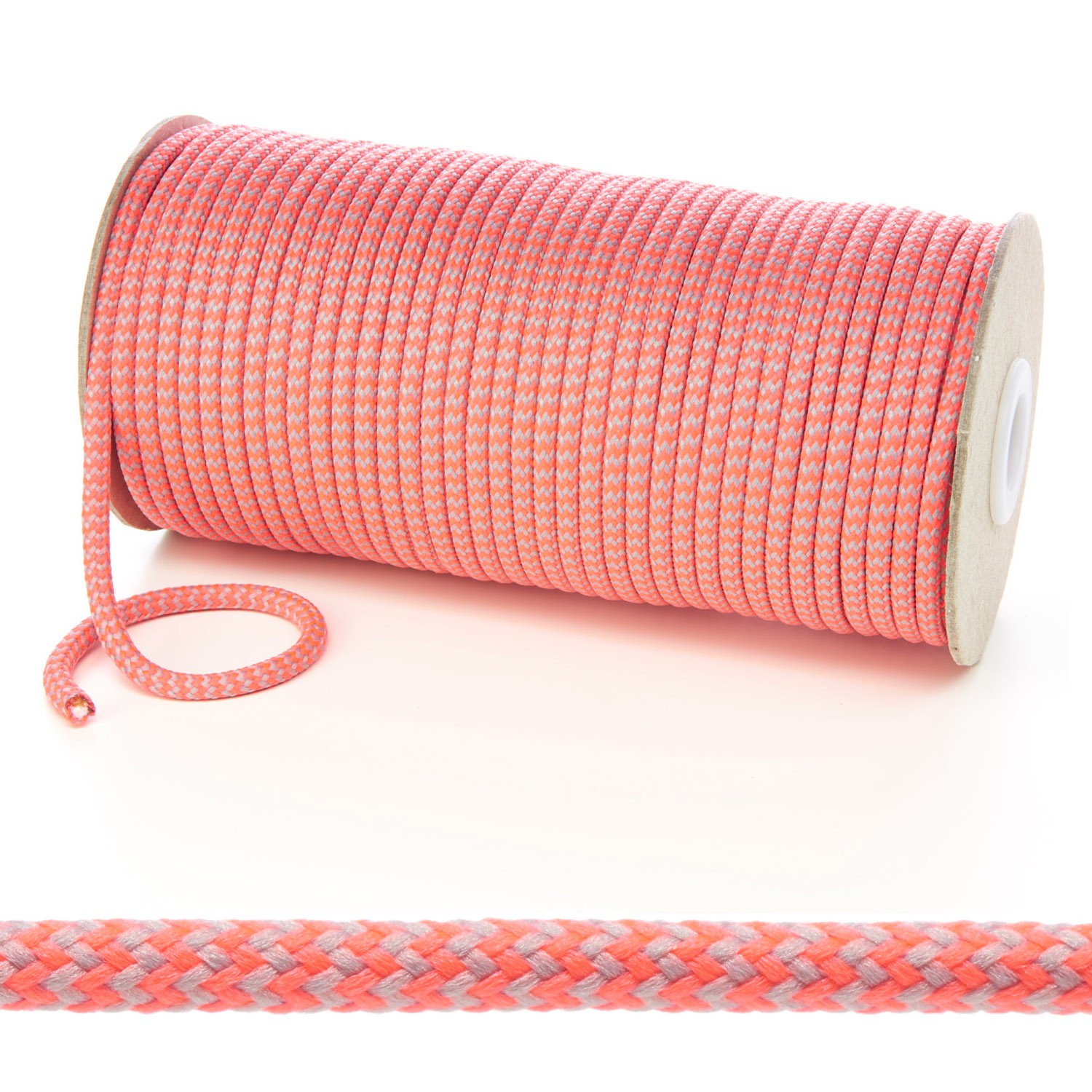 T621 5mm Round Cord Herringbone Draw String on Roll Light Grey Fluorescent Pink Edit 6 Kalsi Cords