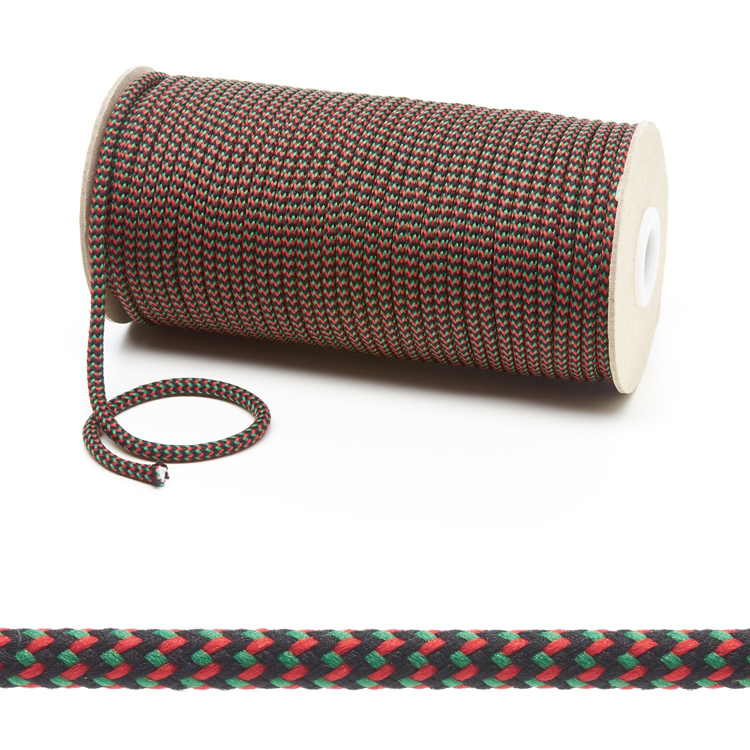 T621 5mm Round Cord Herringbone 3 Colours Draw String on Roll Black with Red Emerald Edit 1 Kalsi Cords