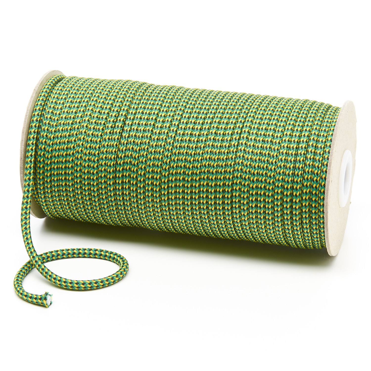 T621 5mm Round Cord Herringbone 3 Colours Draw String on Roll Emerald with Black Yellow Kalsi Cords