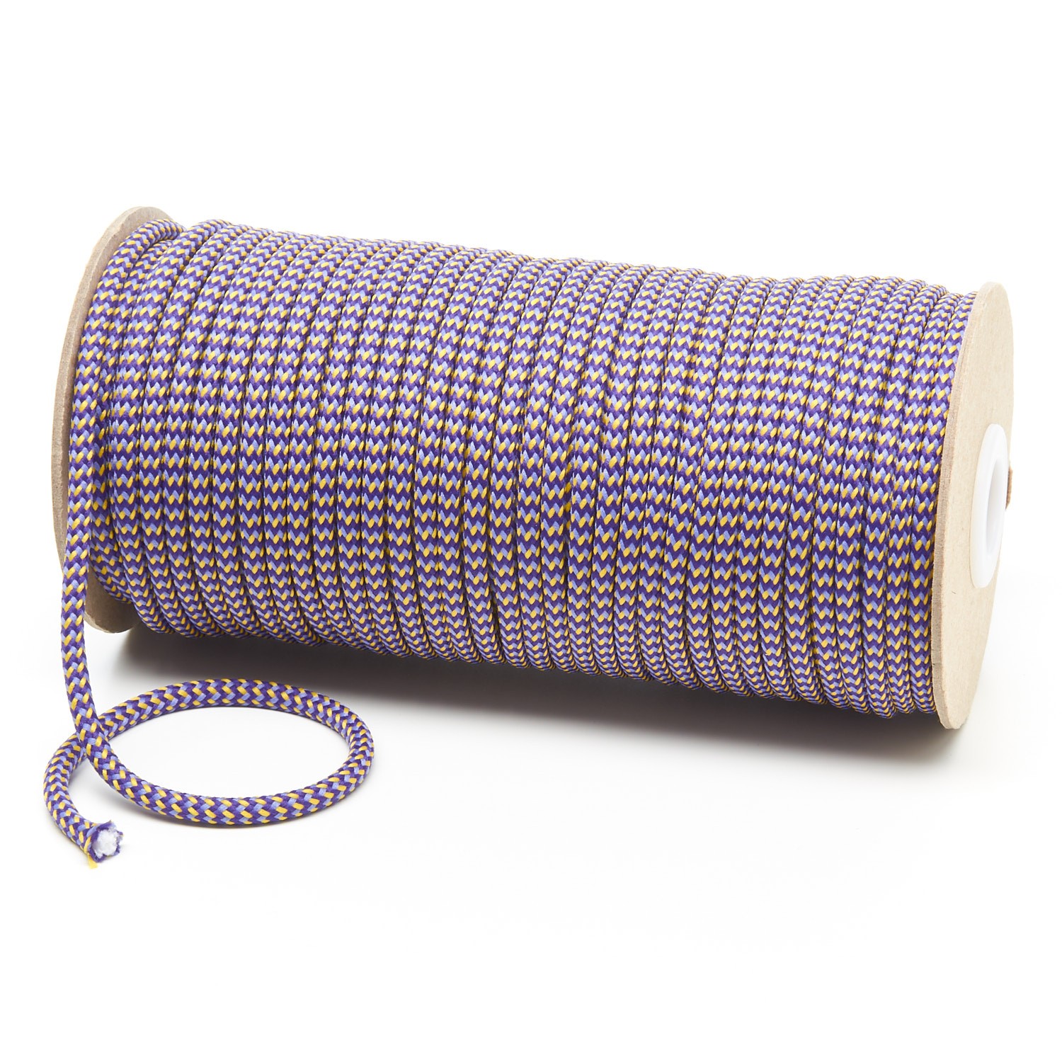 T621 5mm Round Cord Herringbone 3 Colours Draw String on Roll Purple with Lilac Yellow Kalsi Cords
