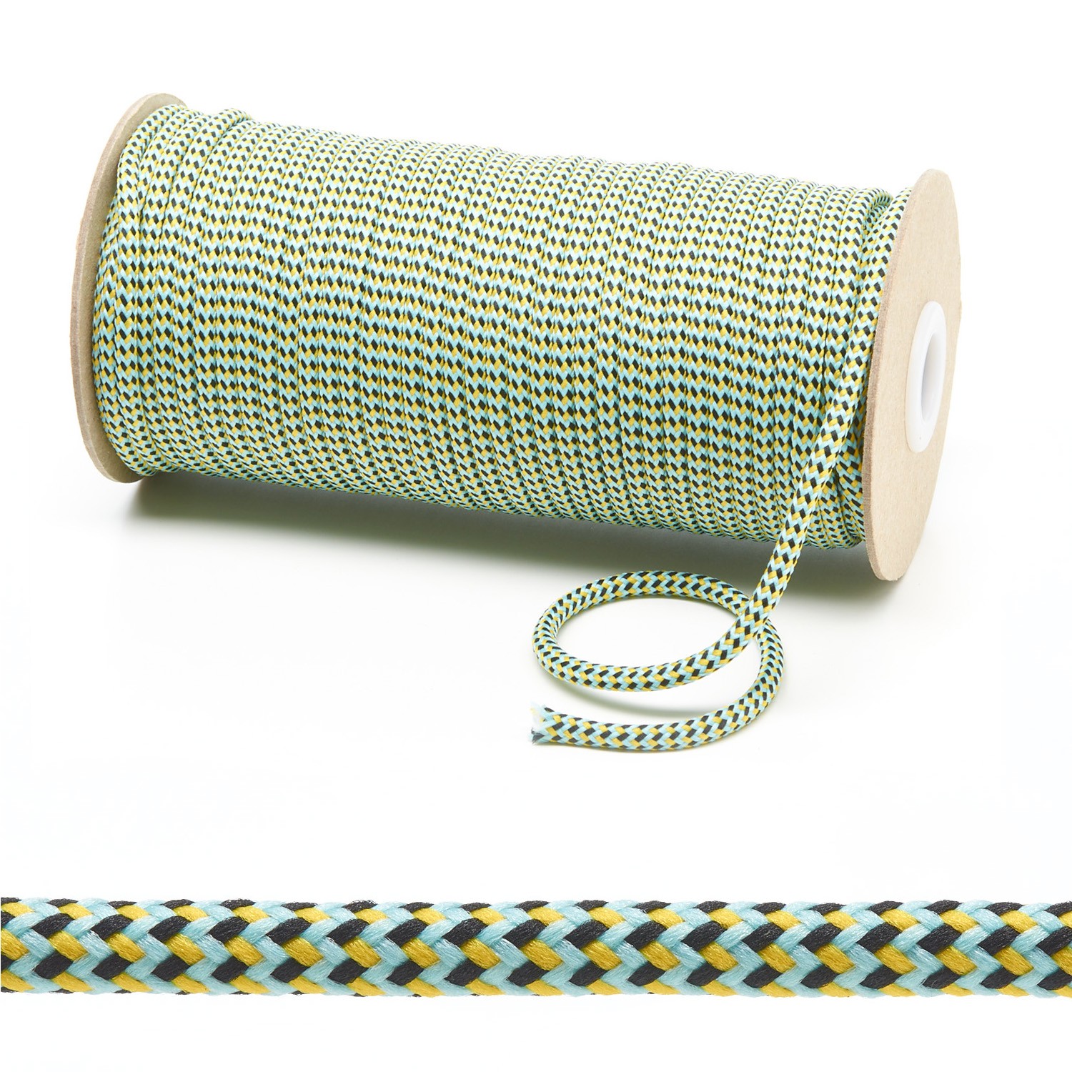 T621 5mm Round Cord Herringbone 3 Colours Draw String on Roll Turquoise with Yellow Black Edit 1 Kalsi Cords