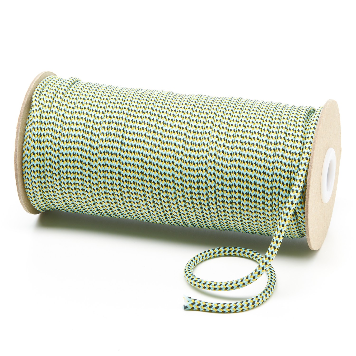T621 5mm Round Cord Herringbone 3 Colours Draw String on Roll Turquoise with Yellow Black Kalsi Cords
