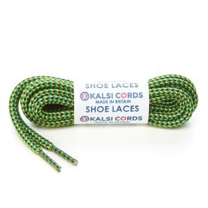 T621 5mm Round Cord Herringbone 3 Colours Shoe Laces Emerald with Black Yellow 1 Kalsi Cords