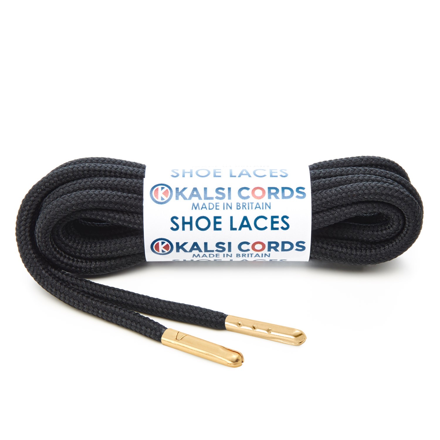 T621 5mm Round Polyester Shoe Laces Black 1 Gold Metal Tip Kalsi Cords