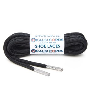 T621 5mm Round Polyester Shoe Laces Black 1 Silver Metal Tip Kalsi Cords