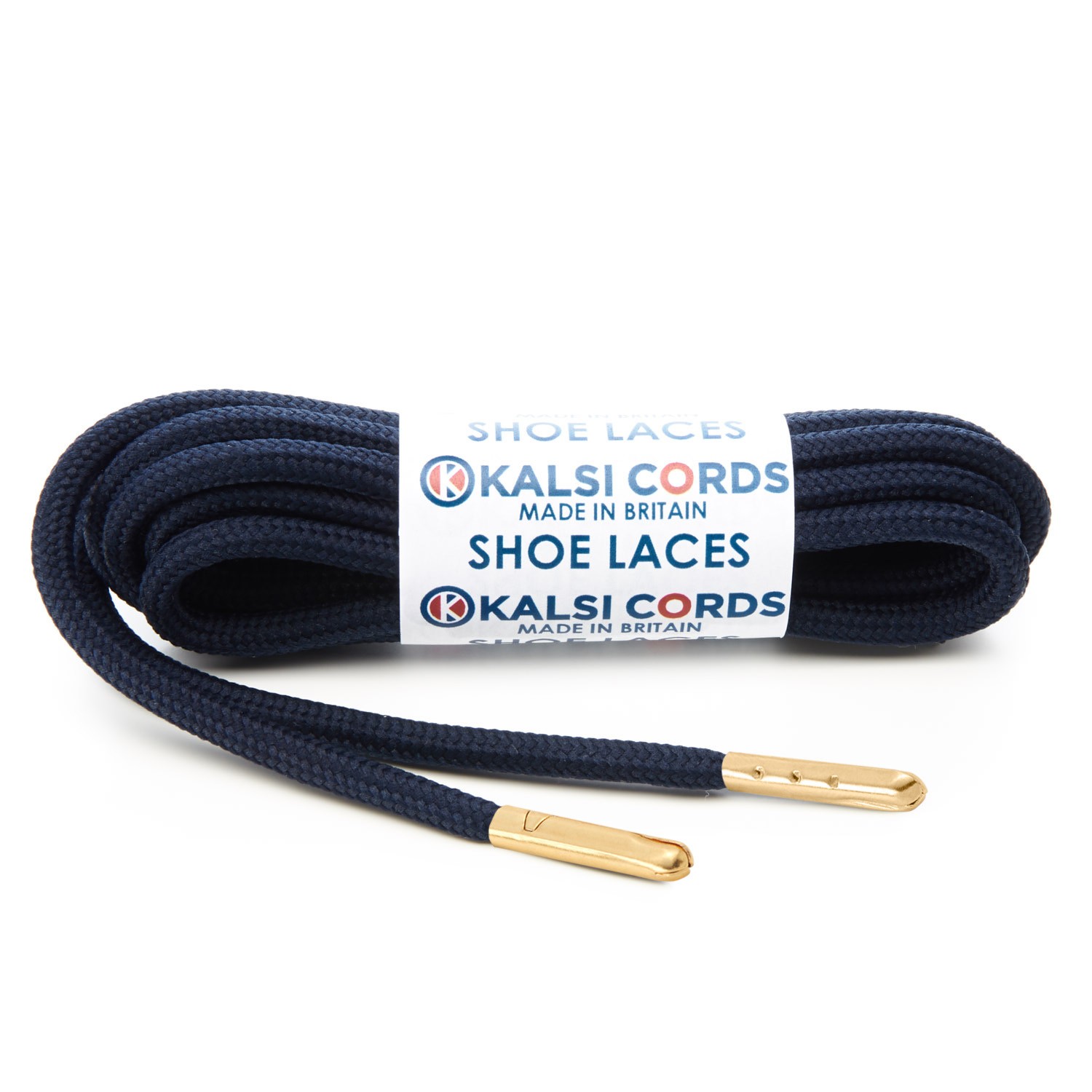 T621 5mm Round Polyester Shoe Laces Dark Navy 1 Gold Metal Tip Kalsi Cords