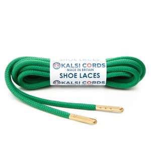 T621 5mm Round Polyester Shoe Laces Emerald Green 1 Gold Metal Tip Kalsi Cords