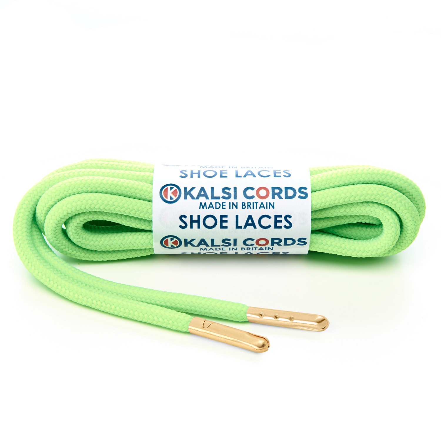 T621 5mm Round Polyester Shoe Laces Fluorescent Lime 1 Gold Metal Tip Kalsi Cords