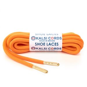 T621 5mm Round Polyester Shoe Laces Fluorescent Orange 1 Gold Metal Tip Kalsi Cords