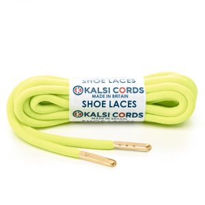 T621 5mm Round Polyester Shoe Laces Fluorescent Yellow 1 Gold Metal Tip Kalsi Cords