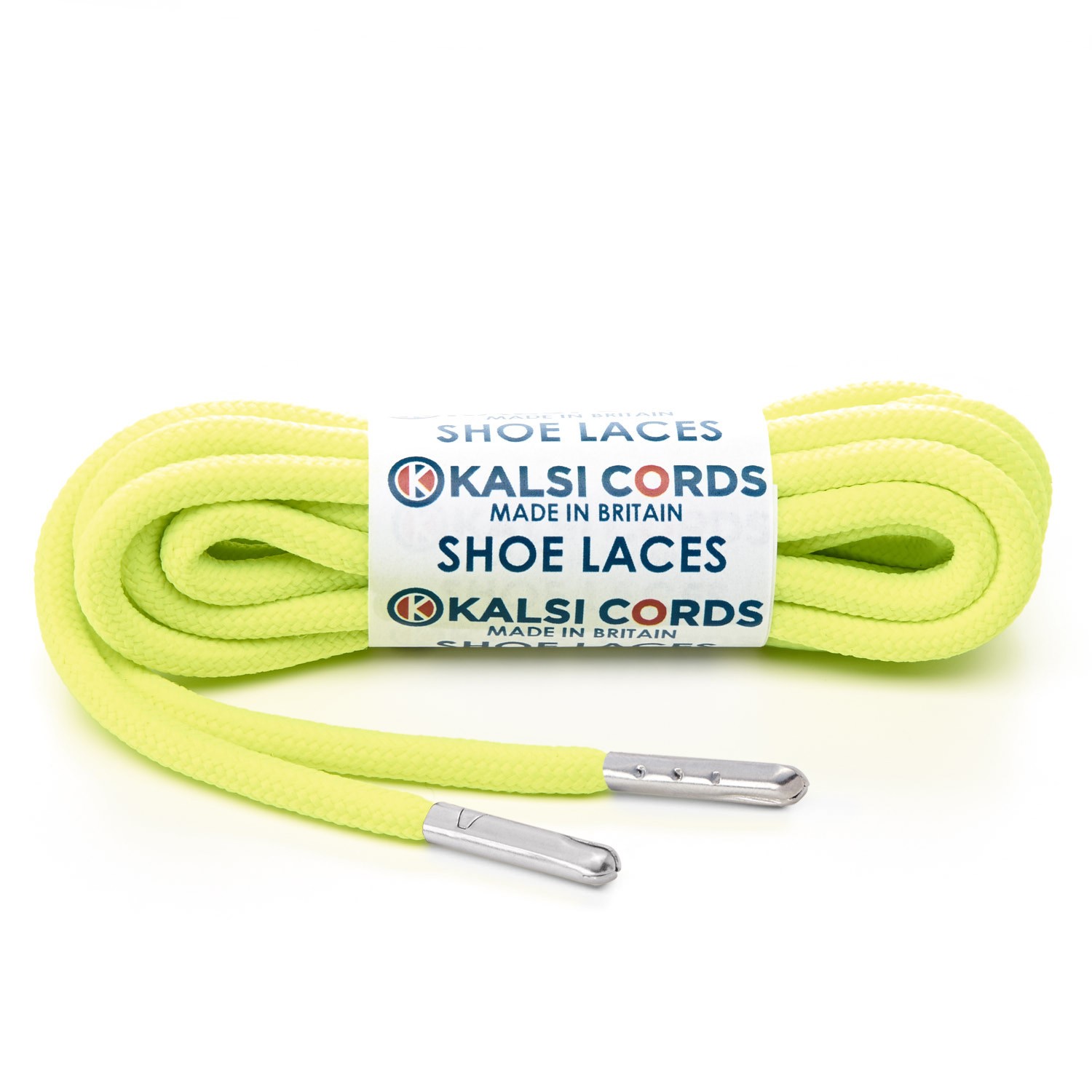 T621 5mm Round Polyester Shoe Laces Fluorescent Yellow 1 Silver Metal Tip Kalsi Cords