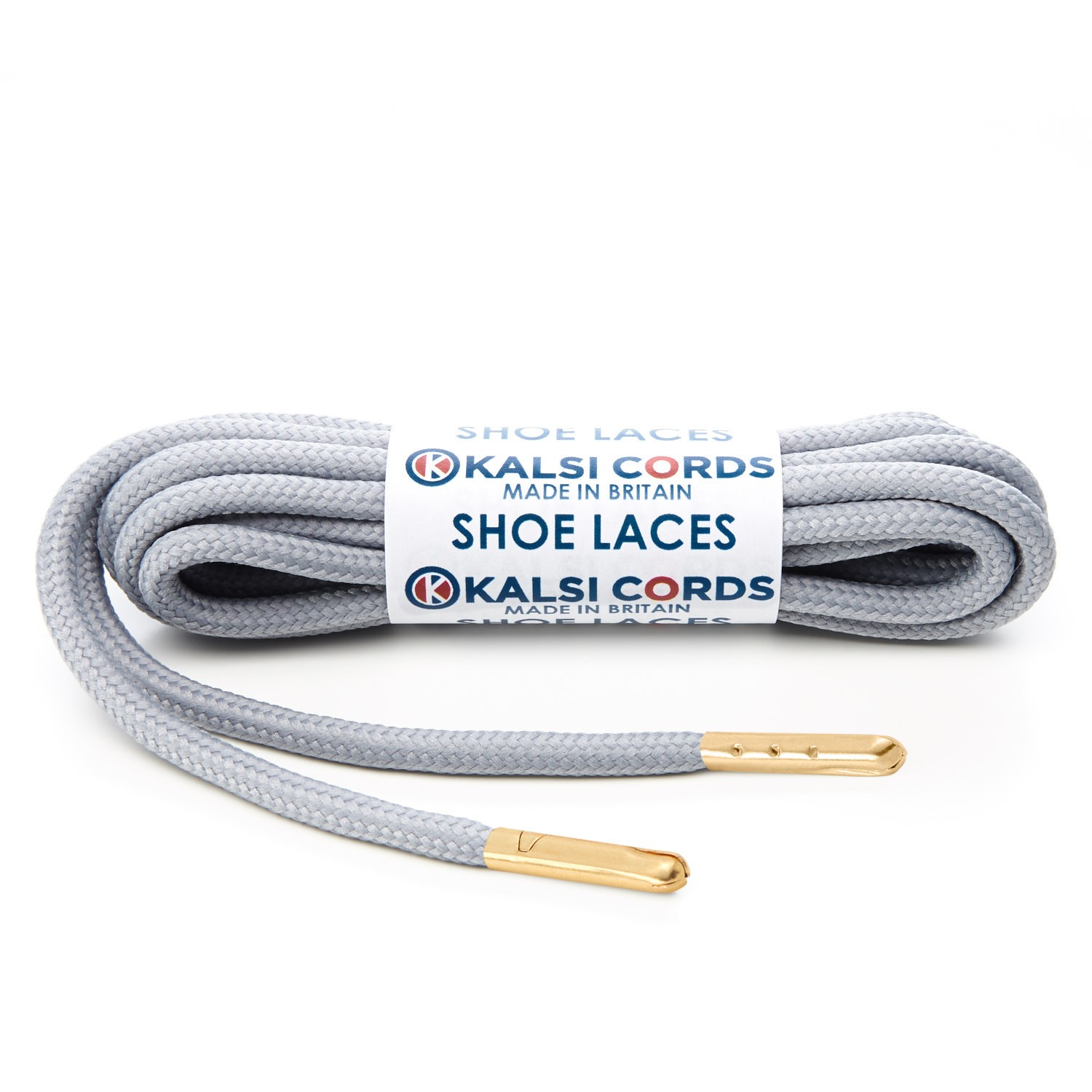 T621 5mm Round Polyester Shoe Laces Frosted Silver 1 Gold Metal Tip Kalsi Cords