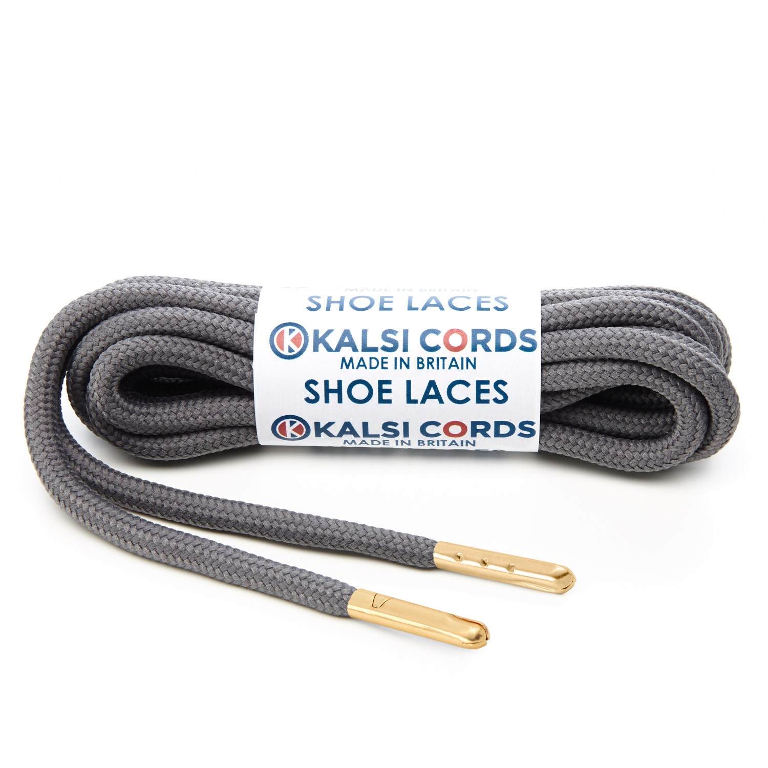 T621 5mm Round Polyester Shoe Laces Grey 1 Gold Metal Tip Kalsi Cords