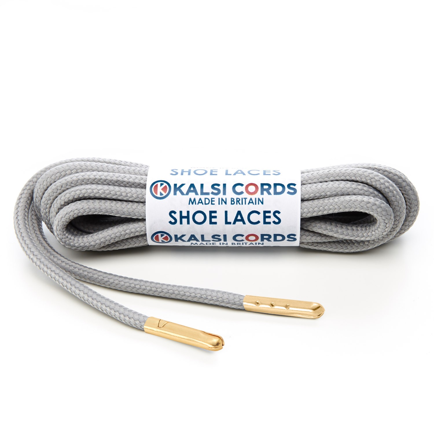 T621 5mm Round Polyester Shoe Laces Light Grey 1 Gold Metal Tip Kalsi Cords
