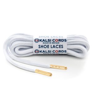 T621 5mm Round Polyester Shoe Laces Optic White 1 Gold Metal Tip Kalsi Cords