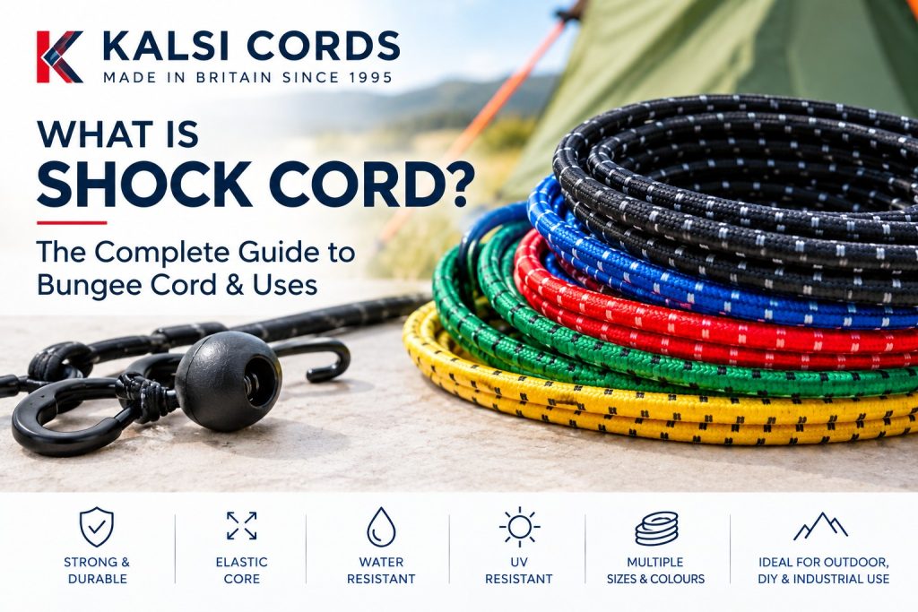 Shock cord and bungee cord guide showing different sizes of elastic cord by Kalsi Cords